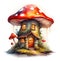 Fairytale mushroom house with flowers, cute oil painting illustration