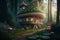 Fairytale mushroom house in the woods with indoor lighting