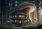 Fairytale mushroom house in the woods with indoor lighting