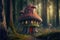 Fairytale mushroom house in the woods with indoor lighting