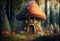 Fairytale mushroom house in the woods with indoor lighting