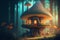 Fairytale mushroom house in the woods with indoor lighting