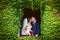 Fairytale newlywed romantic couple of valentynes kissing in a n