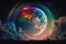 Fairytale night astronomy starry night landscape. Magical tale background with moon clouds, tree, rainbow. Generative AI