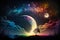 Fairytale night astronomy starry night landscape. Magical tale background with moon clouds, tree, rainbow. Generative AI