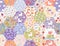 Fairytale patchwork seamless pattern with unicorns and magic forest. Cute print for fabric. Beautiful design for kids