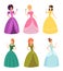 Fairytale princess. Fashioned fantasy girls in beautiful dresses cartoon princesses and queens childrens vector