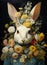 Fairytale rabbit surrounded by flowers. Gorgeous illustrations of characteristic animal portraits in the style of