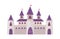 Fairytale romanesque castle. Impenetrable wall three purple gates towers red flags powerful residential building with