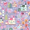 Fairytale seamless pattern with houses, trees and flowers on light violet background. Beautiful print for fabric, textile