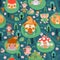 Fairytale seamless pattern with magic village houses and fairies. Cartoon children print with elves and gnomes in forest