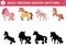 Fairytale shadow matching activity with horses and unicorn. Magic kingdom puzzle with cute characters. Find correct silhouette