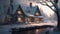 Fairytale surreal fantasy Christmas village with snow. Winter landscape. Generative AI