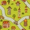 Fairytale town. Houses, towers, castles and road. Seamless pattern in doodle and cartoon style.