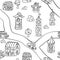 Fairytale town. Houses, towers, castles and road. Seamless pattern in doodle and cartoon style.