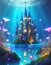 fairytale underwater castle in surrealistic style