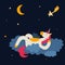 Fairytale unicorn sleeps at night on a cloud under a shooting star