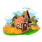 Fairytale village house with a harvest of pumpkins