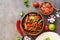 Fajitas with beef meat with vegetables, salsa sauce and tortilla. Traditional mexican food. Flat lay, overhead