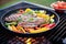 fajitas with multi-colored bell peppers on a grill