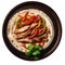 Fajitas On A White Ornate Round Smooth Plate On Isolated Transparent Background Mexican Food. Generative AI