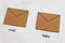 Fake emails or online scams, email envelop icons with real vs fake labels on them