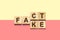 Fake, Fact. The inscription on wooden blocks on a yellow, red background.