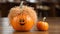 A fake pumpkin with a smiley face and a fake pumpkin. Generative AI image.