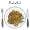 Falafel, Arugula Herb Leaves, Lemon on Plate, Fork, Knife. Middle Eastern Cuisine. Arabic Israel Vegetarian Healthy Fast Food.