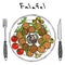 Falafel, Arugula Herb Leaves, Lemon, Tomato, Olive, Sauce on Plate, Fork, Knife. Arabic Israel Vegetarian Healthy Fast Food. Jewis