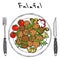 Falafel, Arugula Herb Leaves, Lemon, Tomato on Plate, Fork, Knife. Middle Eastern. Arabic Israel Vegetarian Healthy Fast Food.