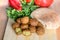 Falafel balls,sweet red pepper ,pita-arabian bread and green fresh parsley on wood rustic background.