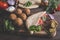 Falafel, fresh vegetables ,sauce and pita bread on wooden table