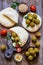 Falafel with pita and vegetable salad and hummus with pine nuts