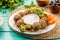 Falafel Plate with dip served in dish isolated on wooden table side view of middle eastern food