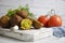 Falafel, tomatoes on a wooden background