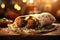 Falafel Wrap On Stone, Blurred Background, Rustic Pub