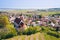 Falkenstein Church and village in Weinviertel, Lower Austria during summer