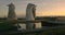 FALKIRK, SCOTLAND, DECEMBER 28, 2016: Dawn breaks and the sun rises over The Kelpies, part of The Helix