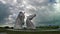 Falkirk , Scotland - June 22 2018 - Thunder clouds moving above The Kelpies statue by Andy Scot, Helix park