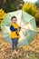 Fall. Adorable toddler boy of two years with umbrella in autumn