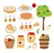 Fall apple harvest set of illustrations. Apples, pies, tree, jam jar, baskets. Isolated on white background