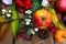 Fall arrangement with apple, pumpkin sand white silk flowers, to