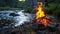 Fall asleep to the calming symphony of a crackling campfire and a bubbling nearby stream. 2d flat cartoon