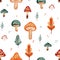 Fall autumn fungus amanita leaves autumn seamless watercolor pattern