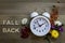 FALL BACK Daylight Saving Time concept with white alarm clock and fresh fall flowers foliage on hand painted gray wood board flat