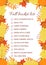 Fall bucket list. Funny autumn things to do checklist. Seasonal activity planner page.  Frame of colorful leaves. Autumn wish list