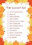 Fall bucket list. Funny autumn things to do checklist. Seasonal activity planner page.  Frame of colorful leaves. Autumn wish list