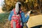 Fall camping lady backpack autumn nature park