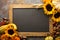 Fall chalkboard copy space with pumpkins and sunflowers